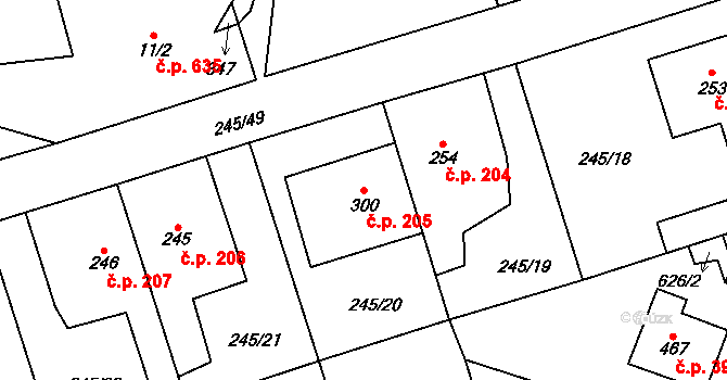 Horoměřice 205 na parcele st. 300 v KÚ Horoměřice, Katastrální mapa