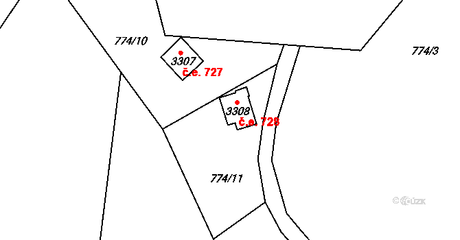 Ostravice 728 na parcele st. 3308 v KÚ Staré Hamry 2, Katastrální mapa