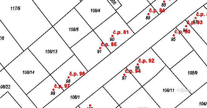 Vědomice 85 na parcele st. 91 v KÚ Vědomice, Katastrální mapa