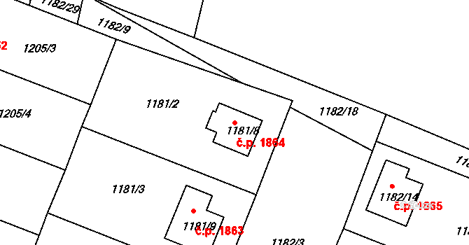 Roudnice nad Labem 1864 na parcele st. 1181/8 v KÚ Roudnice nad Labem, Katastrální mapa