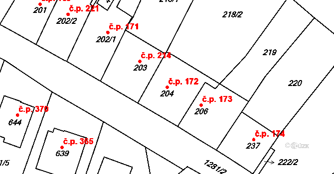 Miletín 172 na parcele st. 204 v KÚ Miletín, Katastrální mapa