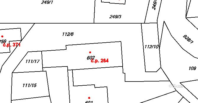 Chocerady 264 na parcele st. 602 v KÚ Chocerady, Katastrální mapa