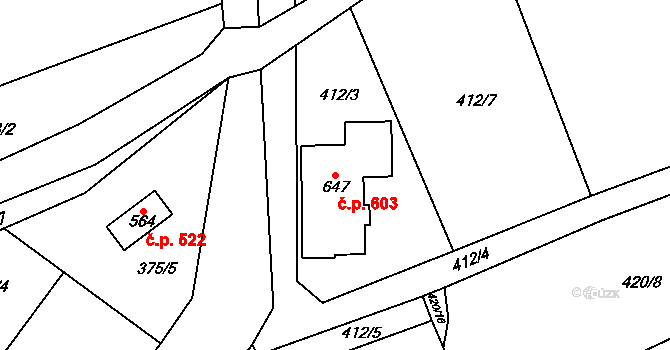 Kovářská 603 na parcele st. 647 v KÚ Kovářská, Katastrální mapa