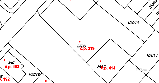 Podklášteří 219, Třebíč na parcele st. 258/1 v KÚ Podklášteří, Katastrální mapa