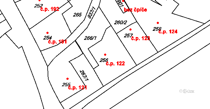Borohrádek 122 na parcele st. 256 v KÚ Borohrádek, Katastrální mapa