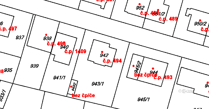 Řepy 494, Praha na parcele st. 942 v KÚ Řepy, Katastrální mapa