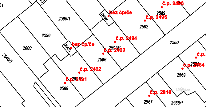 Chomutov 2493 na parcele st. 2596 v KÚ Chomutov II, Katastrální mapa
