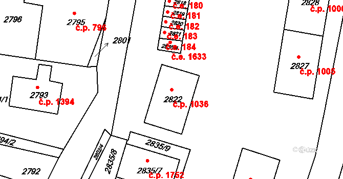 Jirkov 1036 na parcele st. 2822 v KÚ Jirkov, Katastrální mapa