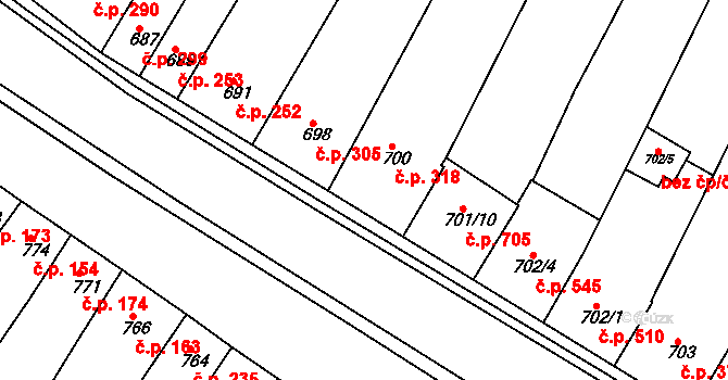 Blučina 318 na parcele st. 700 v KÚ Blučina, Katastrální mapa