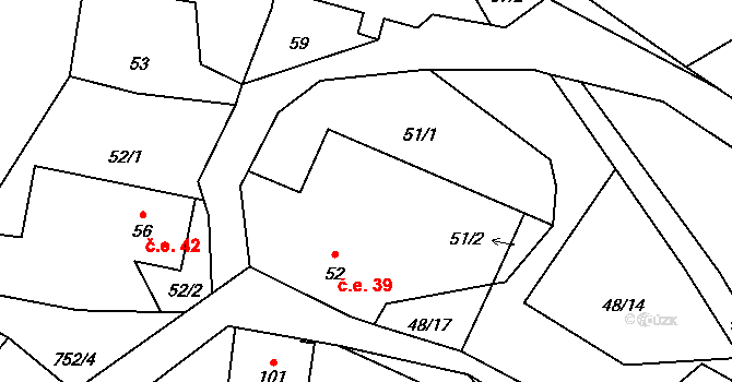 Rašovice 39, Úštěk na parcele st. 52 v KÚ Rašovice u Kalovic, Katastrální mapa