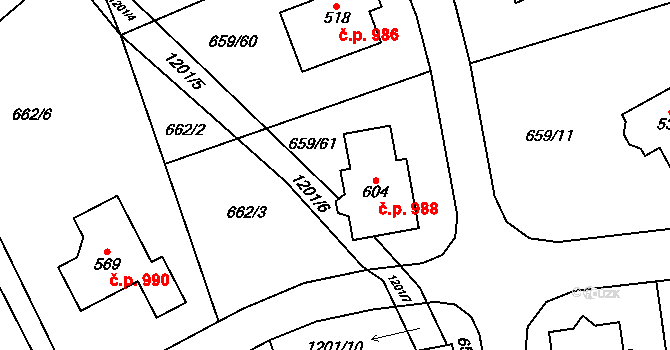 Hlubočinka 988, Sulice na parcele st. 604 v KÚ Sulice, Katastrální mapa