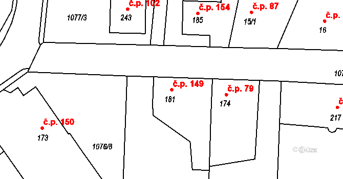 Prčice 149, Sedlec-Prčice na parcele st. 181 v KÚ Prčice, Katastrální mapa