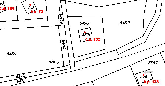 Podkopná Lhota 132 na parcele st. 352 v KÚ Podkopná Lhota, Katastrální mapa