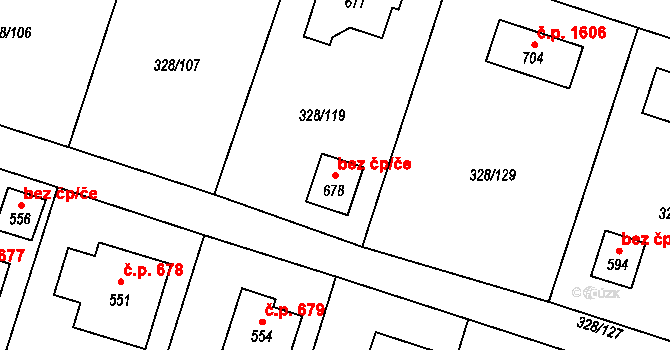Kamenice 48802956 na parcele st. 678 v KÚ Štiřín, Katastrální mapa