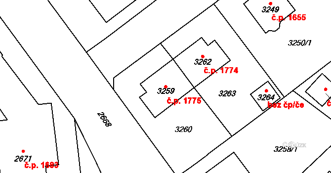 Most 1775 na parcele st. 3259 v KÚ Most II, Katastrální mapa