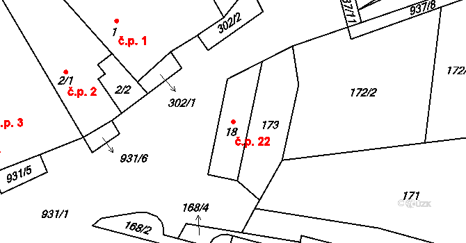 Boubská 22, Vimperk na parcele st. 18 v KÚ Boubská, Katastrální mapa