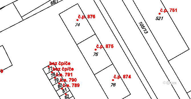 Kopřivnice 875 na parcele st. 75 v KÚ Kopřivnice, Katastrální mapa