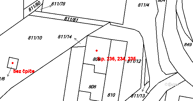 Povrly 234,235,236 na parcele st. 809 v KÚ Povrly, Katastrální mapa