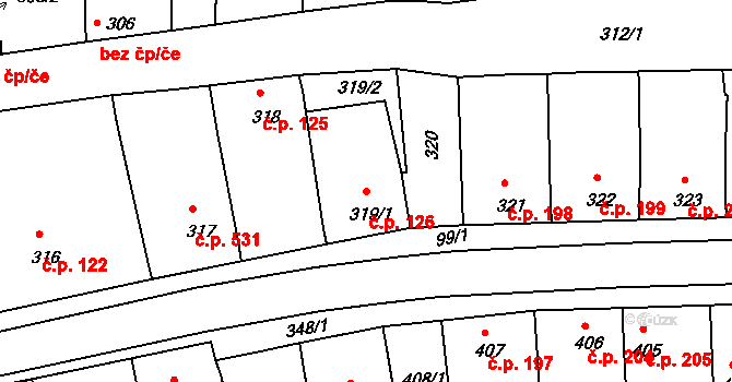 Hlohovec 126 na parcele st. 319/1 v KÚ Hlohovec, Katastrální mapa