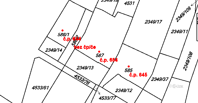 Hrušovany nad Jevišovkou 654 na parcele st. 587 v KÚ Hrušovany nad Jevišovkou, Katastrální mapa