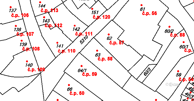Znojmo 58 na parcele st. 63 v KÚ Znojmo-město, Katastrální mapa