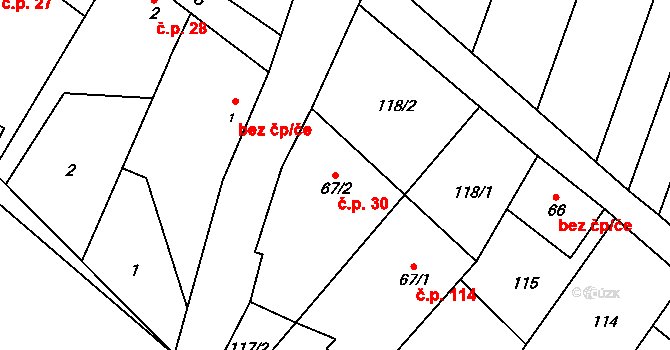 Skoky 30, Dolní Újezd na parcele st. 67/2 v KÚ Skoky u Staměřic, Katastrální mapa