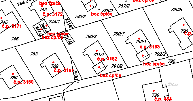 Mšeno nad Nisou 3162, Jablonec nad Nisou na parcele st. 791/1 v KÚ Mšeno nad Nisou, Katastrální mapa
