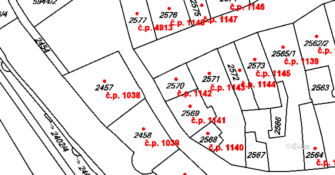 Jihlava 1142 na parcele st. 2570 v KÚ Jihlava, Katastrální mapa