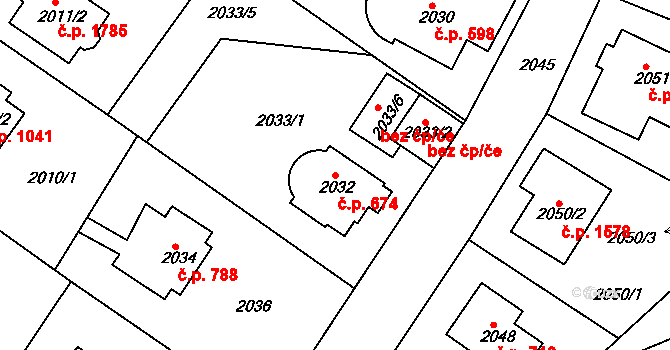 Roztoky 674 na parcele st. 2032 v KÚ Roztoky u Prahy, Katastrální mapa