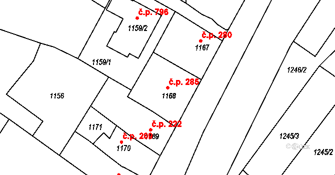 Veverská Bítýška 285 na parcele st. 1168 v KÚ Veverská Bítýška, Katastrální mapa