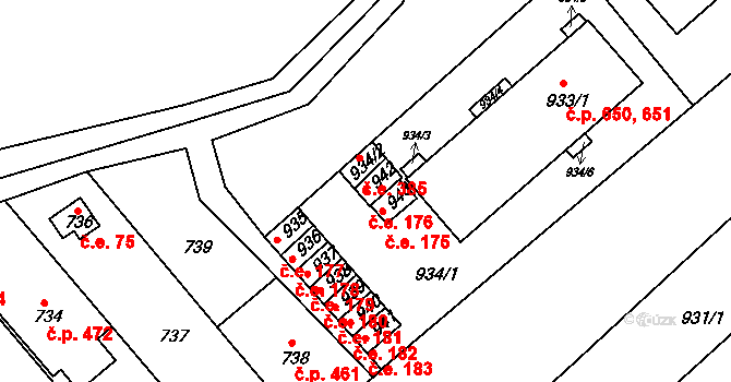Veverská Bítýška 176 na parcele st. 942 v KÚ Veverská Bítýška, Katastrální mapa