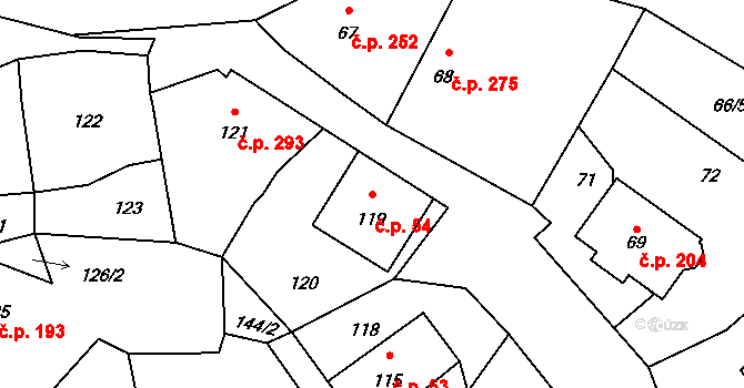 Stonařov 54 na parcele st. 119 v KÚ Stonařov, Katastrální mapa