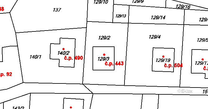 Krmelín 443 na parcele st. 129/3 v KÚ Krmelín, Katastrální mapa