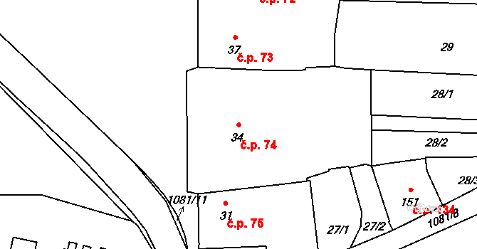 Prčice 74, Sedlec-Prčice na parcele st. 34 v KÚ Prčice, Katastrální mapa