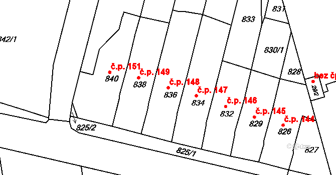 Těchov 148, Blansko na parcele st. 836 v KÚ Těchov, Katastrální mapa