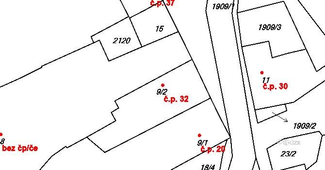Milevo 32, Kladruby na parcele st. 9/2 v KÚ Milevo, Katastrální mapa