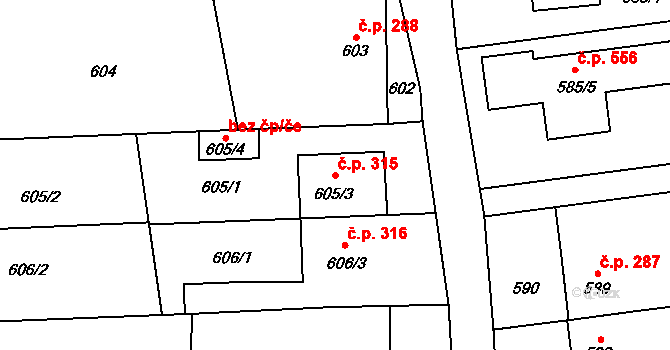 Rakodavy 315, Věrovany na parcele st. 605/3 v KÚ Věrovany, Katastrální mapa