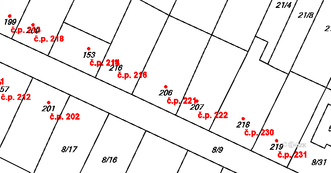 Malé Žernoseky 221 na parcele st. 206 v KÚ Malé Žernoseky, Katastrální mapa
