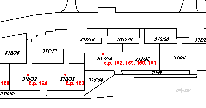 Mojžíř 159,160,161,162, Ústí nad Labem na parcele st. 318/34 v KÚ Mojžíř, Katastrální mapa