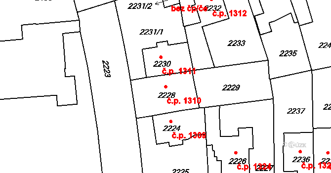 Žižkov 1310, Praha na parcele st. 2228 v KÚ Žižkov, Katastrální mapa