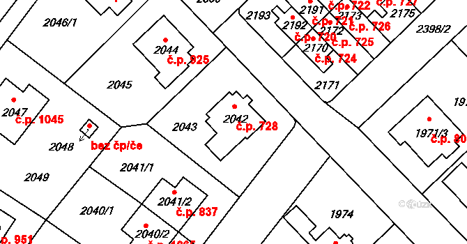Suchdol 728, Praha na parcele st. 2042 v KÚ Suchdol, Katastrální mapa