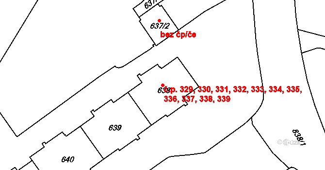 Střížkov 329,330,331,332,333,, Praha na parcele st. 638 v KÚ Střížkov, Katastrální mapa