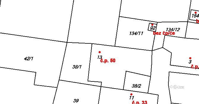 Rovná 50 na parcele st. 13 v KÚ Rovná u Strakonic, Katastrální mapa