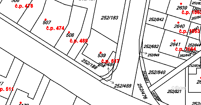 Rosice 617 na parcele st. 539 v KÚ Rosice u Brna, Katastrální mapa