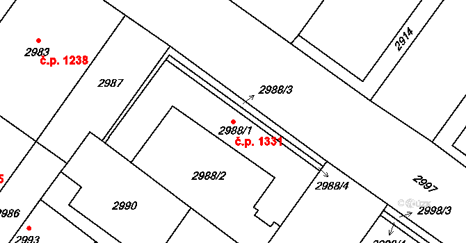 Vsetín 1331 na parcele st. 2988/1 v KÚ Vsetín, Katastrální mapa