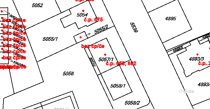 Východní Předměstí 668,682, Plzeň na parcele st. 5057/1 v KÚ Plzeň, Katastrální mapa