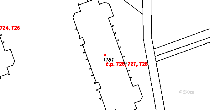 Studánka 726,727,728, Pardubice na parcele st. 1151 v KÚ Studánka, Katastrální mapa