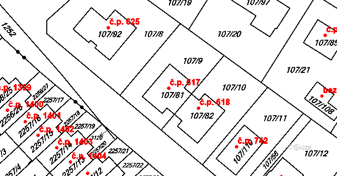 Újezd 617, Plzeň na parcele st. 107/81 v KÚ Újezd, Katastrální mapa