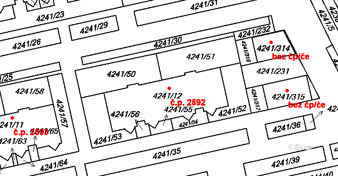 Horní Počernice 2592, Praha na parcele st. 4241/12 v KÚ Horní Počernice, Katastrální mapa