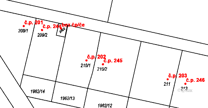 Domašín 245, Vlašim na parcele st. 210/2 v KÚ Domašín, Katastrální mapa